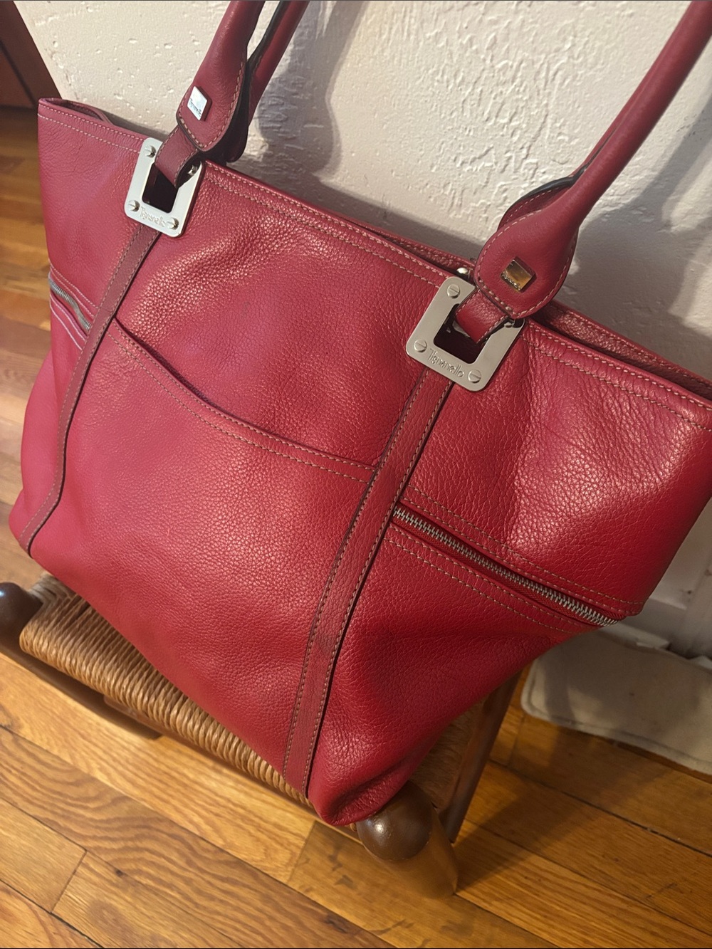 Tignanello Large Red Leather Top-Handle Tote Bag Purse - Picture 3 of 16